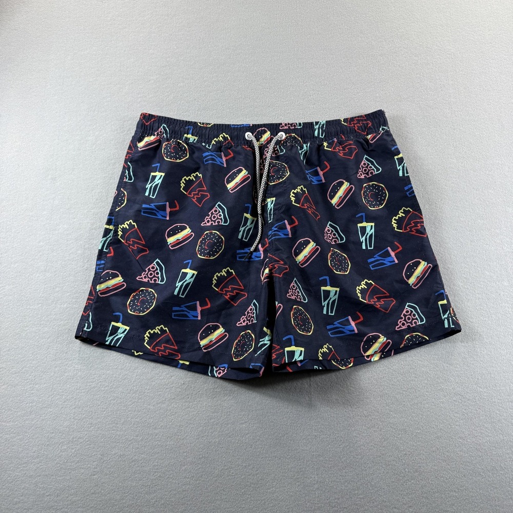 Maamgic Swim Trunks Mens Large Blue Fast Food Print Mesh Lined Elastic Waist
